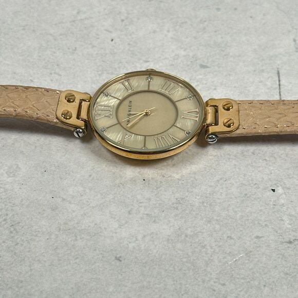 Anne Klein Watch Womens 34mm Round MOP Dial Embossed Band Gold Tone New Battery - Picture 5 of 11